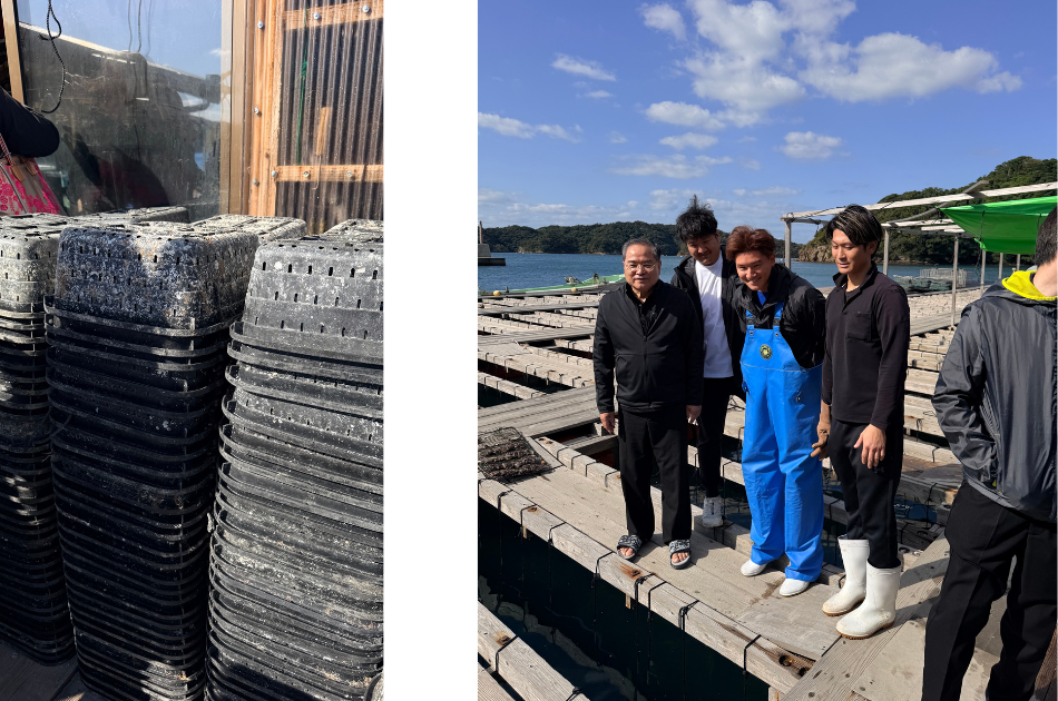 Details of the baskets on the pearl farm, the owner and some of the workers