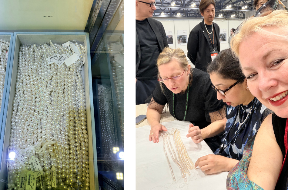 Esther joining participants sorting Akoya pearls during hands-on session at the Japan Pearl Fair