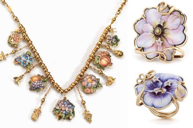 Gabriela Rivalta enameled jewelry with miniature painting on 18kt gold