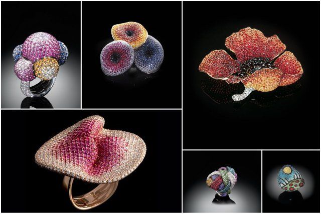Palmiero jewelry design with composed gemstones and movement