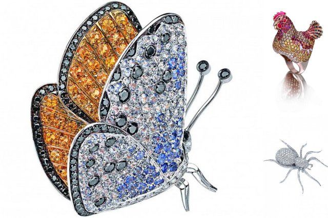 Pino Manna playful animal jewelry including chicken ring and butterfly pieces