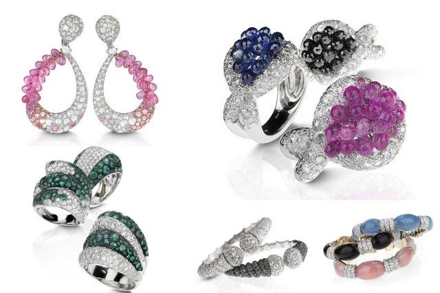 Verdi Italian rings with diamonds and colored gemstones, made in Valenza