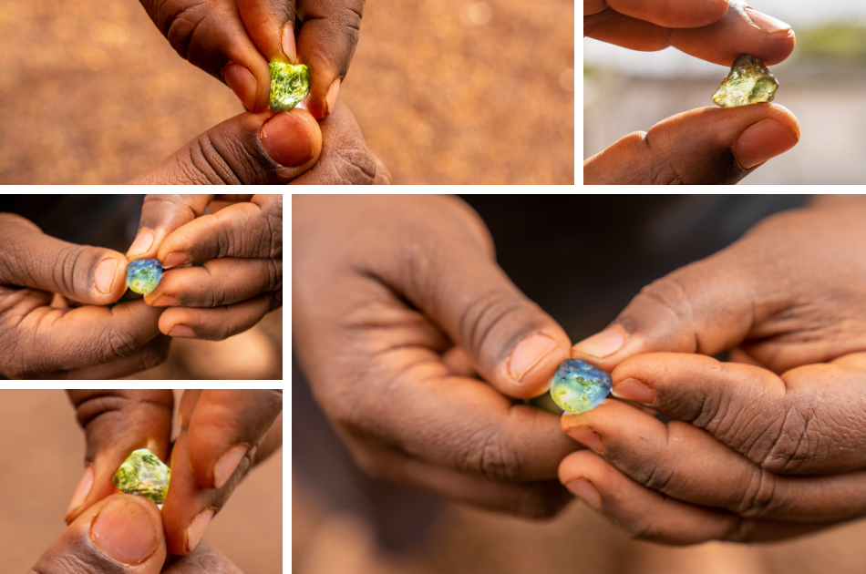 An array of Australian sapphires hold in hands,  found at mining operations of Fura Australia