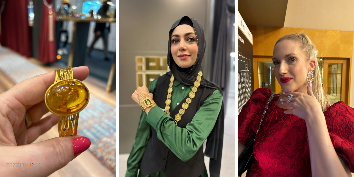 Jewelry shown by exhibitor showing gold jewelry and Agata Jankowiak showing jewelry at IJS