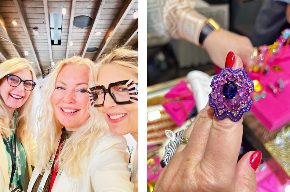Esther Ligthart with Kyle Rodrick jewelry journalist for Forbes and ring on esthers finger by Austy Lee at JCK 2025