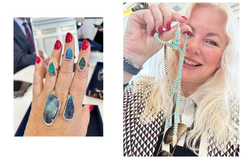 Esther holding fine jewelry pieces by Levian at JCK Las Vegas 2025