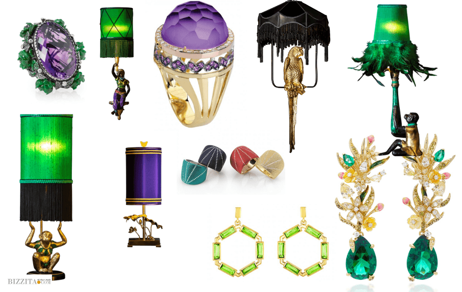 Amethyst and peridot rings and earrings, including lab-grown gemstone pieces by Anabela Chan