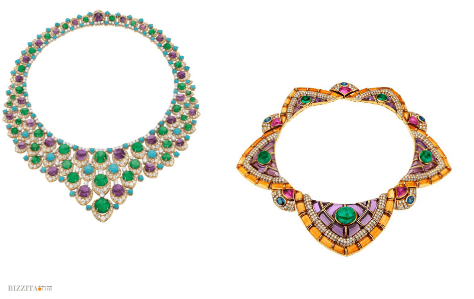 Bulgari jewelry in saturated gemstone colors set against an equally vivid interior design scene