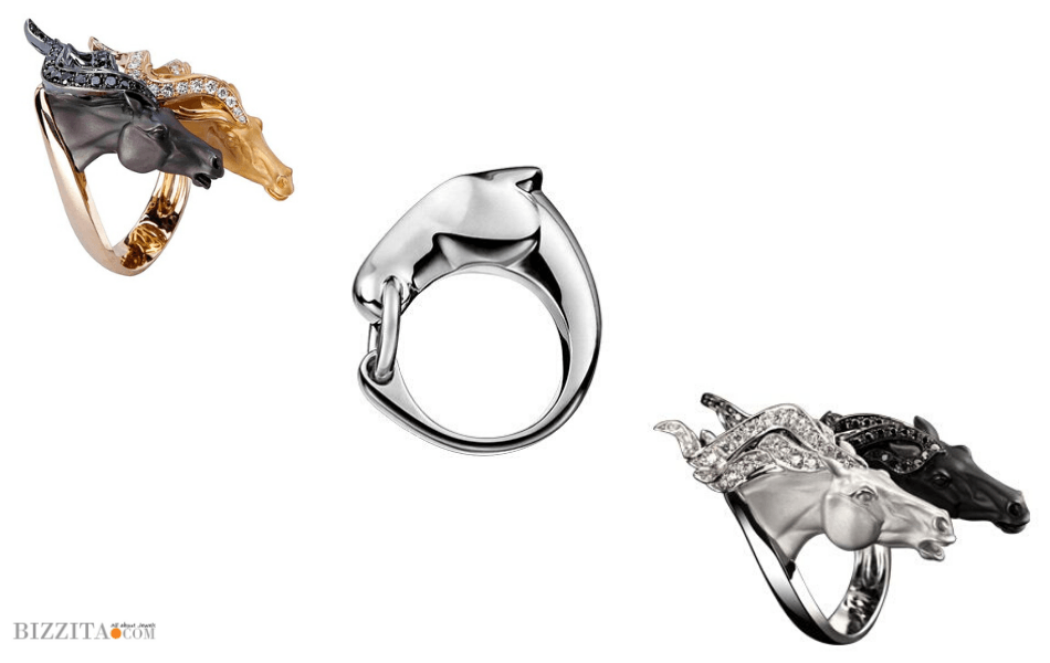 Sculptural horse-themed rings by Magerit paired with a minimalist silver ring by Hermes