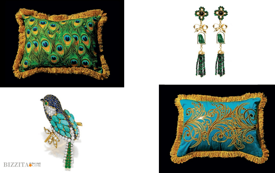Vintage bird brooch by Tiffany styled with patterned pillows and Couleurs de Geraldine earrings