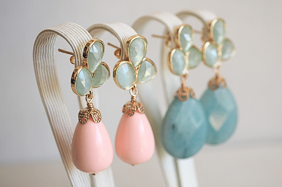 Pink and blue gemstone earrings from Jewels by Marthje, handmade two-tone design