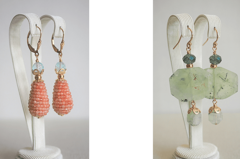Two pairs of colorful handmade earrings by Jewels by Marthje displayed side by side