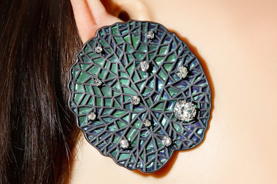 LANGI Roma earrings inspired by Victoria amazonica, blackened silver and old cut diamonds, TEFAF Maastricht