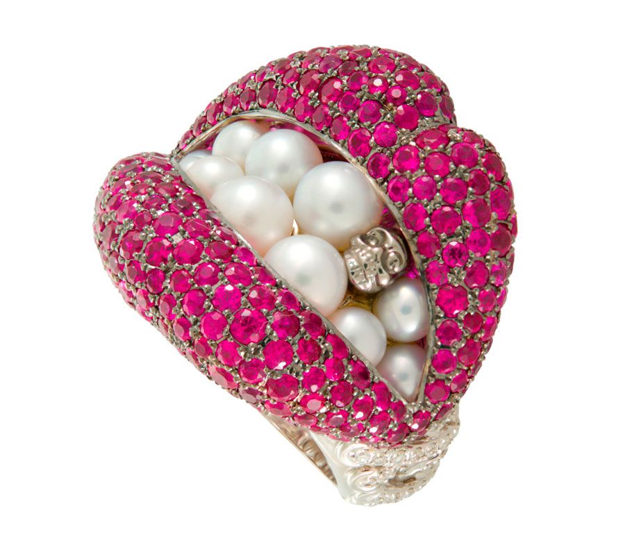 Lydia Courteille mouth brooch in colourful enamel and gemstones, fine jewelry Paris