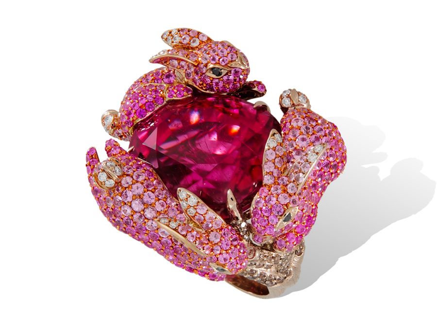 Lydia Courteille pink rabbits jewelry collection, fine jewelry Paris