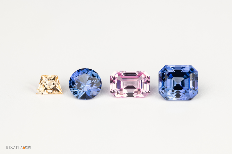 Mixed colored gemstones in blue, pink and yellow tones