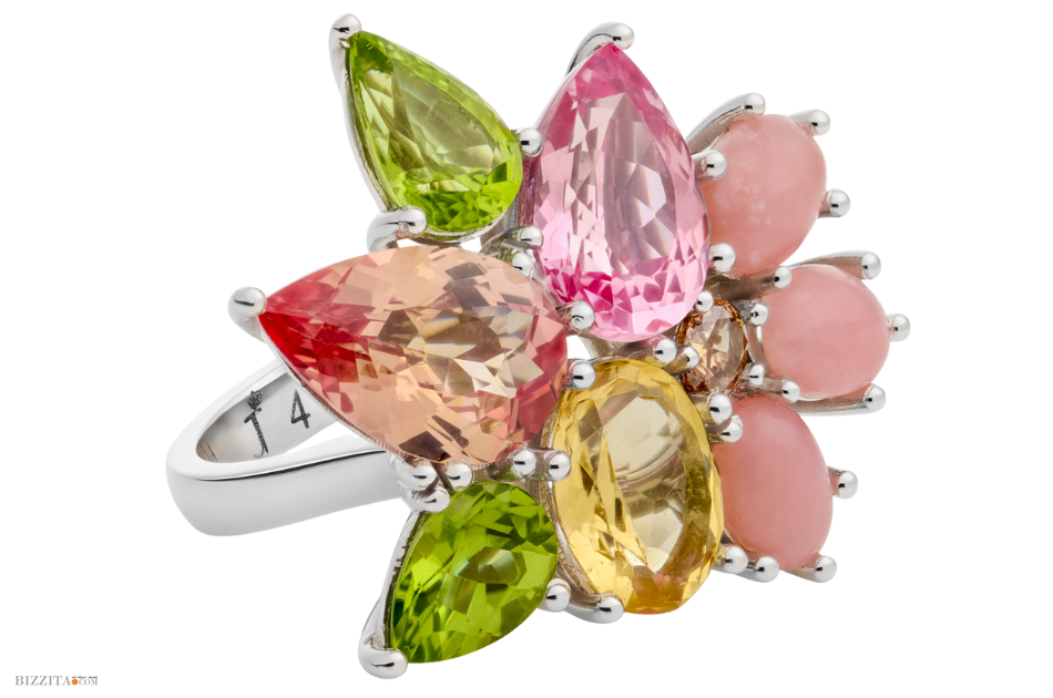 Tjallingii floral ring with petal-shaped gemstones in soft pastel tones