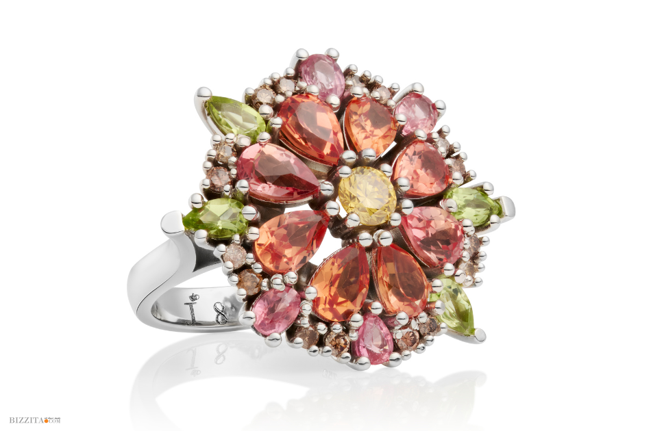 Tjallingii ring with multicolored tourmaline stones in petal formation