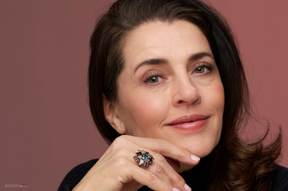 Tjallingii ring with multicolored gemstones shown on model