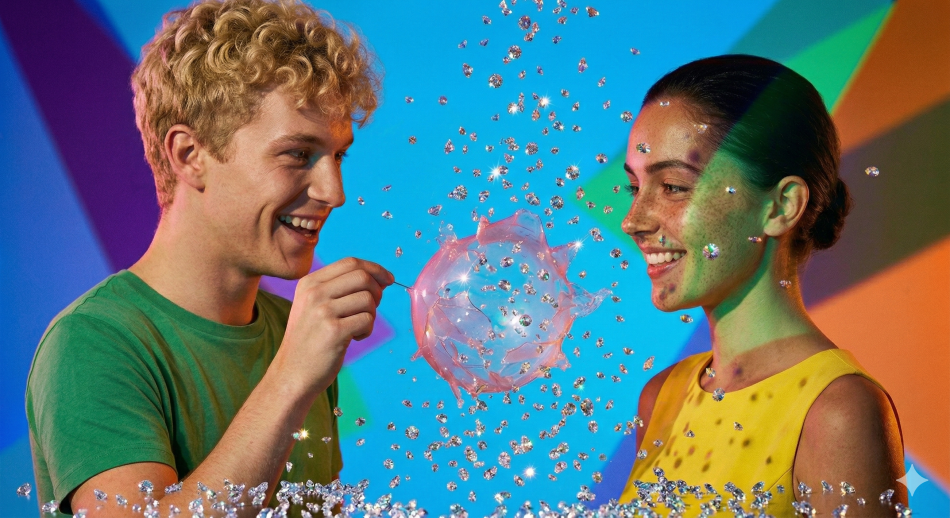 Man and woman smiling at a balloon filled with sparkling diamonds escaping a bubble, illustrating natural diamond marketing opinion