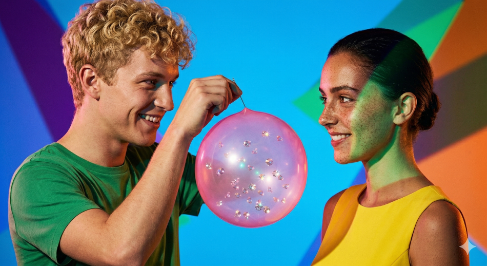 Couple with a balloon full of diamonds representing world diamond day