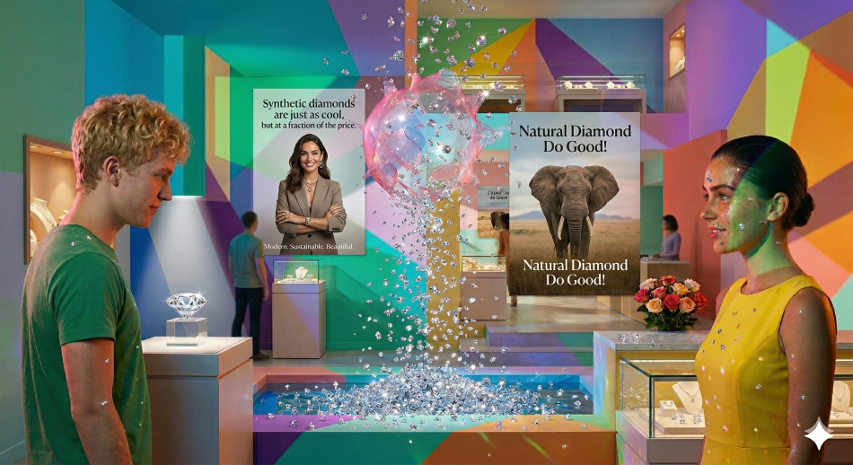 Couple with a popped balloon full of diamonds at a jewelry shop desk